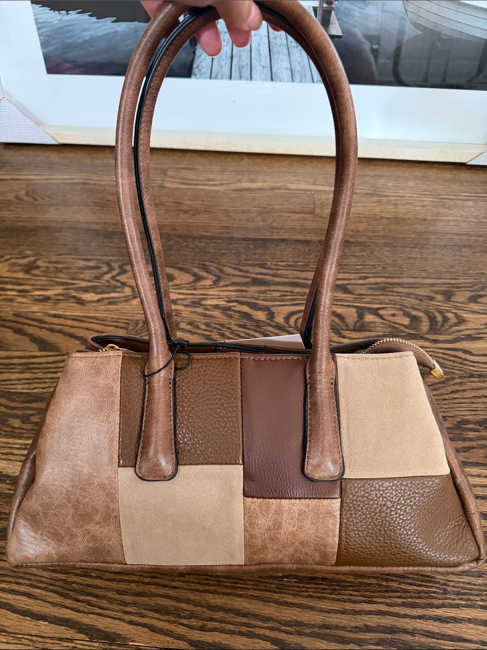 BCBG Patchwork Leather Satchel Handbag - Brown